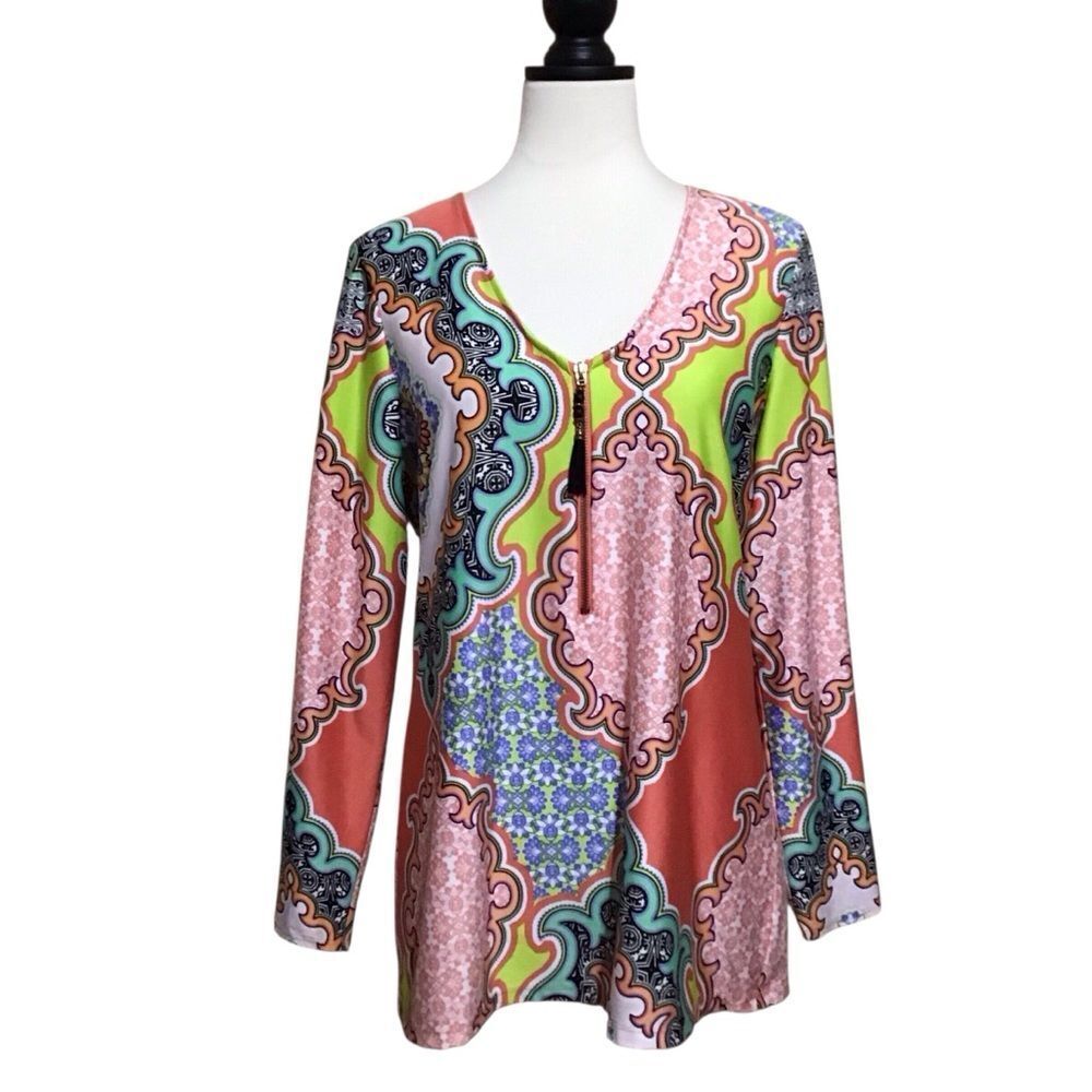 Melissa Paige‎ Green and Pink Graphic Relaxed Blouse M